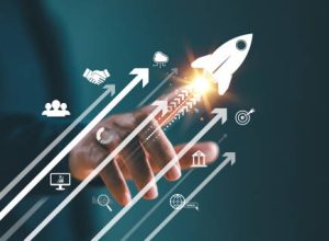 Growth strategy busines trend concept. Businessman hand on arrow investment icon. Increase sale marketing, increase success potential, soar rocket towards wealth. Competitive business goal plan